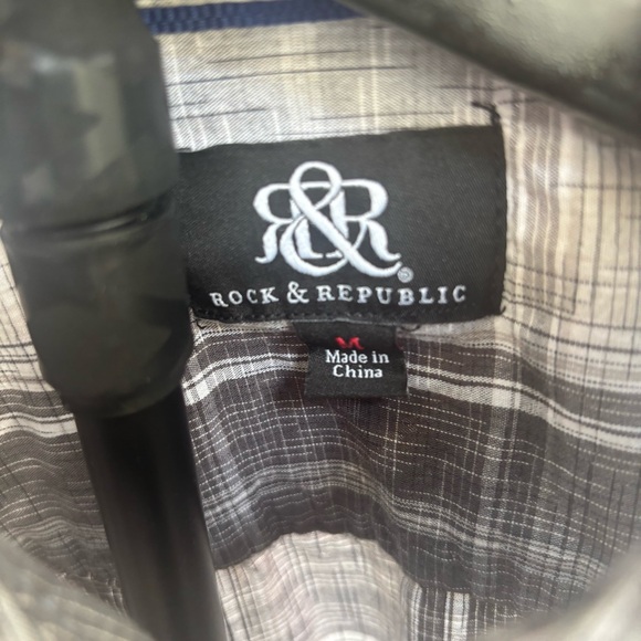 Rock & Republic Gry Wht Plaid Button Down Lg Slv Adjustable Short Sleeve Men’s M - Picture 7 of 9